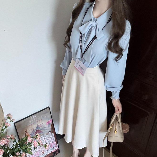 good 長袖襯衫女秋季通勤面試正裝職業教師大學生港風蝴蝶結上衣女