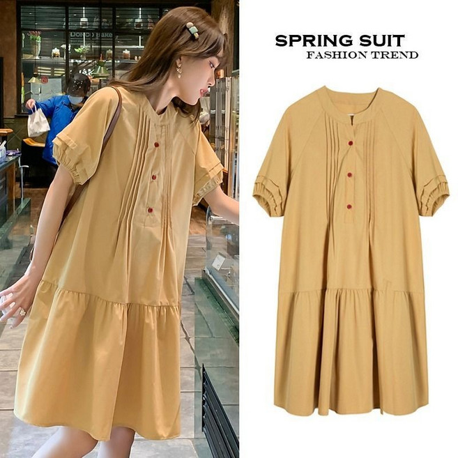 日系甜美洋裝 夏裝連衣裙 夏季薄款襯衫上衣 連身裙 新中式春夏裝 顯瘦洋裝, 黃色襯衫裙【短袖三分袖】,M