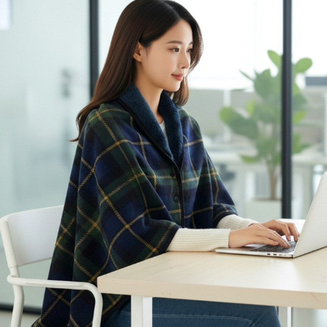 다로엘 극세사 망토 똑딱이 무릎 담요 블랭킷, 1개, 모스 그린 체크