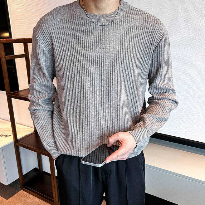 圓領針織休閒上衣 - 長袖螺紋坑條 百搭素色 秋冬寬鬆男士