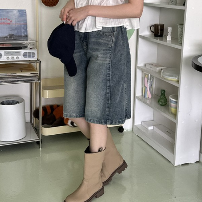 [2기장5사이즈] 사이드 절개 핀턱 워싱 5부 6부 데님 버뮤다 하프 팬츠