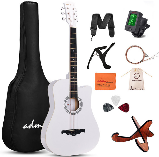 ADM 포크 기타 38인치 글로시 컷어웨이 스타터 세트 입문자용, 화이트, 1개