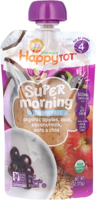 Happy Family Organics Happy Tot 슈퍼 모닝 유제품 무함유 2년 이상용 유기농 사과 아사이 코코넛밀크 & 귀리 + 치아 113g(4oz), HappyFamilyOrganicsHappyTot슈퍼모, 113g, 1개 - 쿠팡
