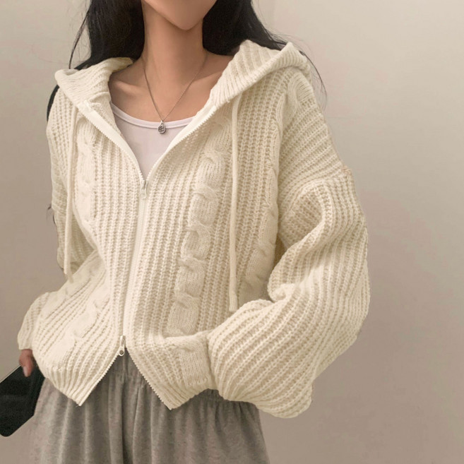 여성 간절기 케이블 오버핏 후드 가디건 클래식 투웨이 후드 집업 니트