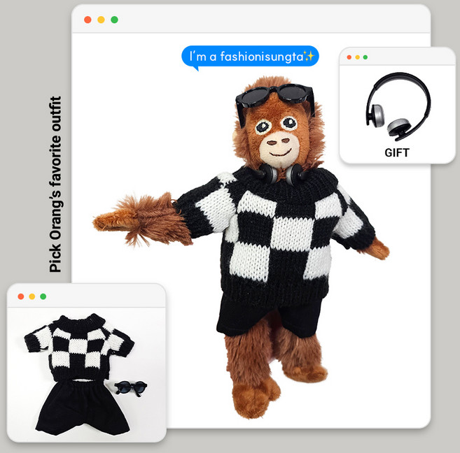 로앤제이 미니 오랑우탄 인형 키링 의상 착장 세트, 4. 블랙체크+블랙팬츠+선글라스, 1개