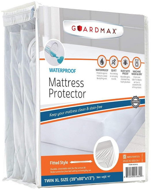Guardmax 테리 면 풀 XL 사이즈 매트리스 프로텍터 - 신축성 있는 포켓이 있는 방수 및 먼지 진드기 방지 매트리스 커버 - 부드럽고 편안하며 무소음 방수 매트리스 커버, Jersey Knitted Polyester-White, Twin XL