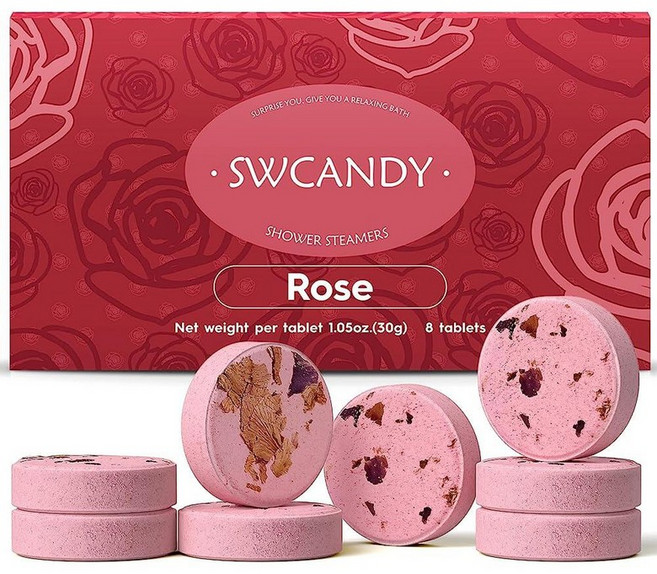 SWCANDY Shower Steamers 아로마테라피 여성용 생일 선물 여행 필수품 오렌지 8개 자연 추출물 에센셜 오일이 함유된 배쓰밤 샤워밤 휴식 홈 스파 276149, Rose, 1