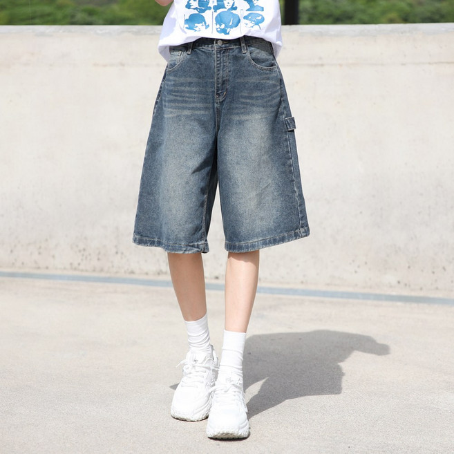 동대문스타일 여성 청반바지 카펜더 버뮤다 데님 팬츠 빈티지 워싱 여자 와이드 하프 데님