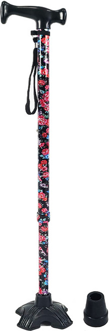 가볍고 멋스럽고 튼튼한 노인용 4발 어르신용 효도 지팡이 고무발 추가증정, 1개, 블랙 플라워