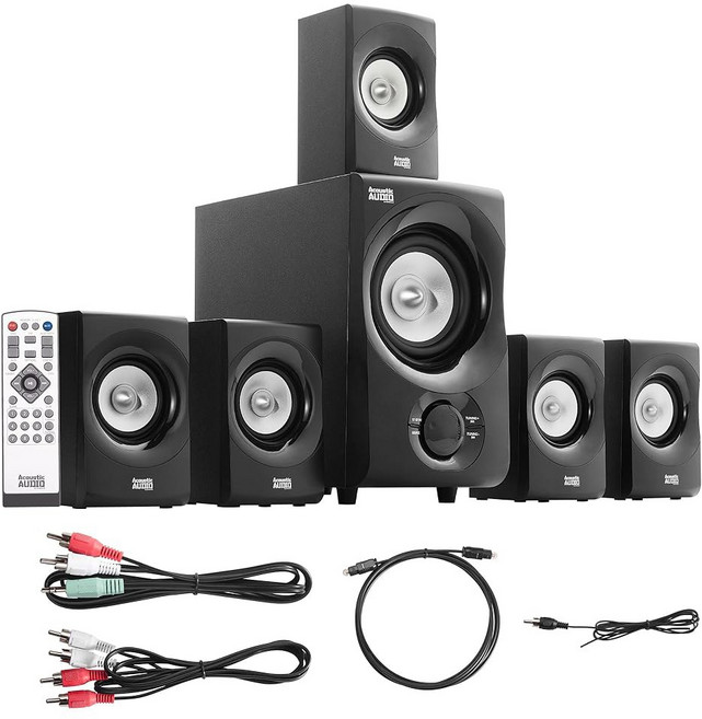 어쿠스틱 오디오 AA5172 700W 블루투스 홈 시어터 5.1 스피커 시스템(FM 튜너 USB SD 카드 리모컨 전원 공급 서브(스피커 6개 채널 5.1개 검은색, Silver, Silver