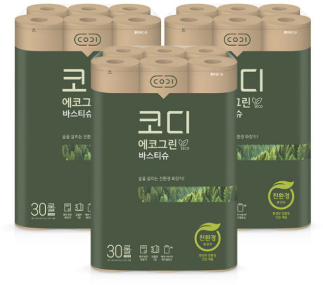 코디 3겹 에코그린 바스티슈 롤화장지, 30m, 30롤, 3개