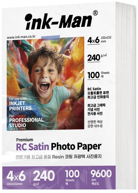 잉크맨 RC용지 SATIN 새틴 사틴 프리미엄 저광택 반광택 사진 인화지 사진관 전문가용 포토용지 240g, 100매, 4X6