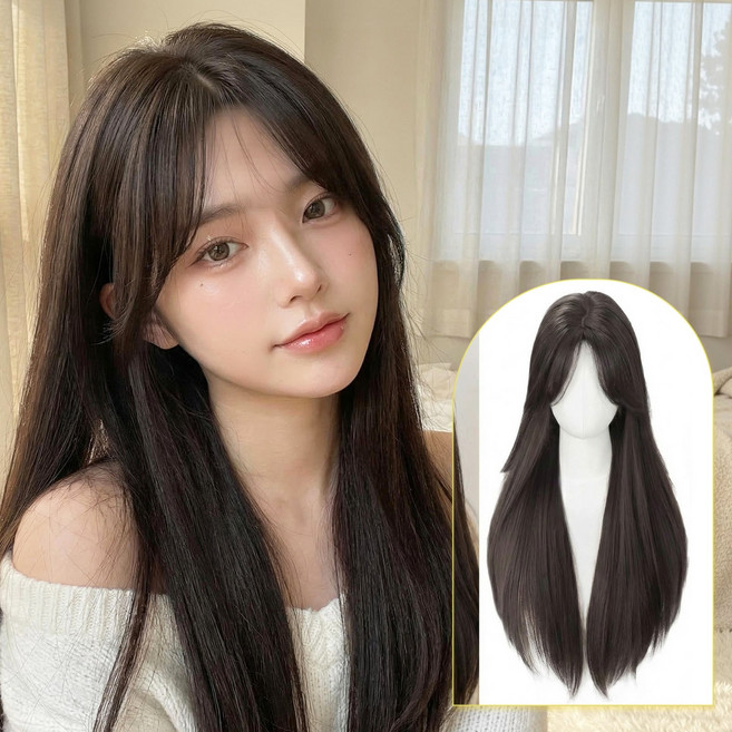 Leesheer 긴머리 스트레이트 여성 통가발 수제 볼륨 입체적인 여성 가발, 1개, 흑갈색