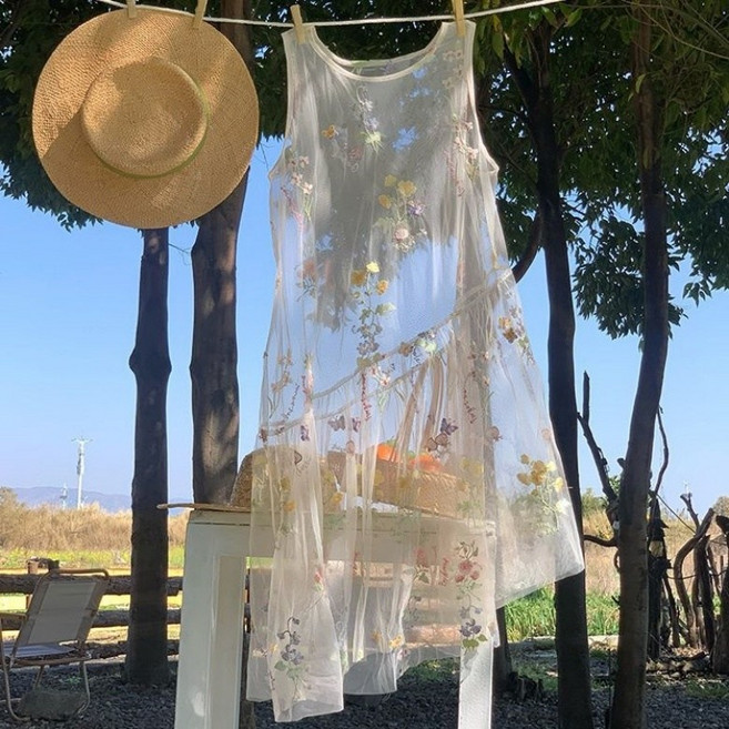 아이엠몽 여성 플라워 레이어드 시스루 롱 원피스 뷔스티에