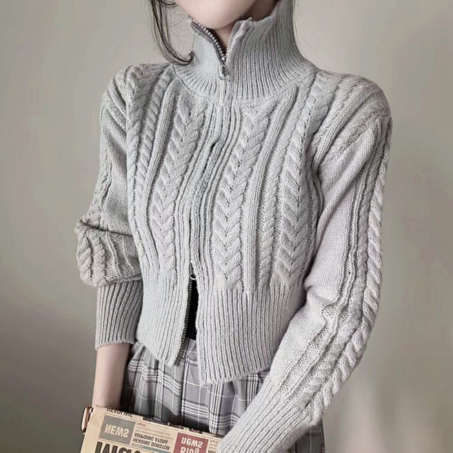 쪼예 터틀넥 포근 꽈배기 투웨이 니트 숏 집업