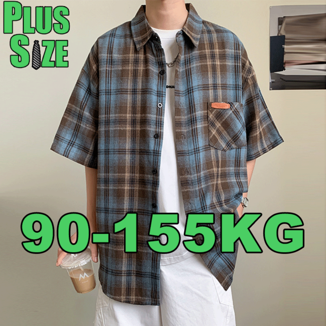 빅사이즈 남자 체크남방 남성용 시원한 통기성 반팔 셔츠 카키브라운 여름 얇은 남성 남방 스트라이프 체크남방 와이셔츠