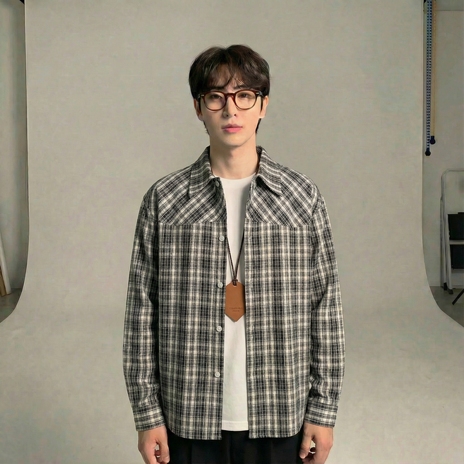 아키무 남성 순면 루즈핏 체크셔츠 캠퍼스룩 남방