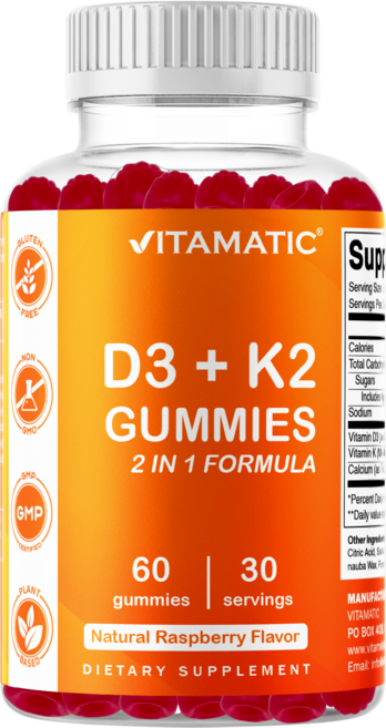 비타매틱 비타민 D3 + K2 구미 - 5000 IU D3 & MK-4/MK-7 혼합 - 60 비건 구미, 1개, 60회분
