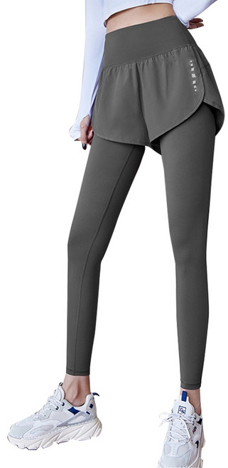 QIDINA 升級版假兩件遮肉瑜珈運動褲-高腰提臀、透氣速乾