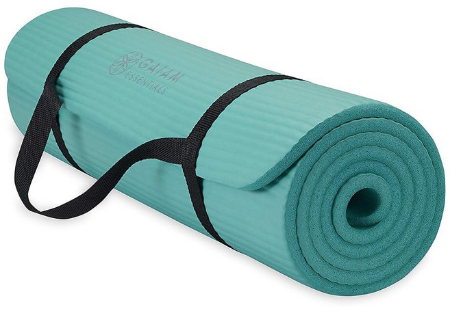 Gaiam Mat Yoga Thick Essentials 피트니스 운동 이지 신치 캐리어 스트랩 길이 182 x 너비 60.9 x 1 cm 스포츠 용품., Teal