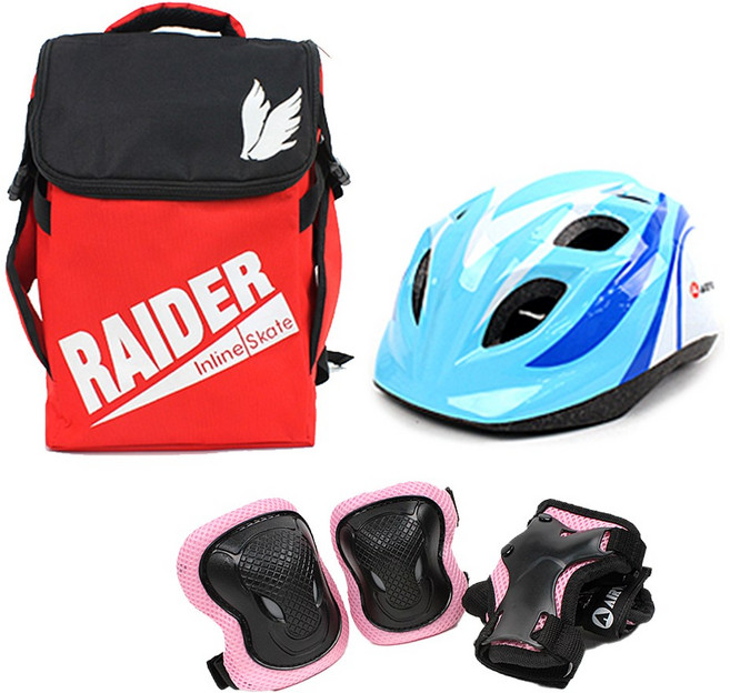 에어워크 마리 핑크 아동 인라인 스케이트 보호장비 세트 / 인라인 가방+헬멧+보호대, 헬멧_블루/가방_레드:보호대_핑크_S, 1개