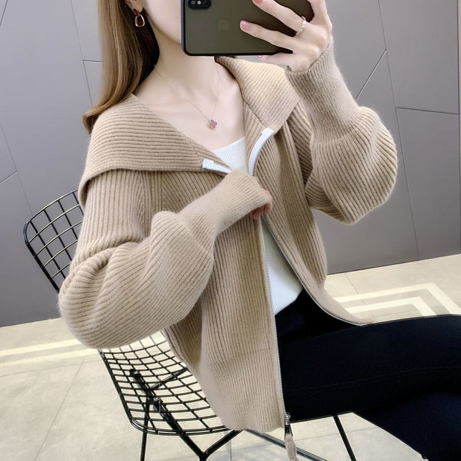 SELEAD 여성 여유로운 투웨이 집업 니트가디건 하이넥 카라 니트 긴팔 가디건 겨울니트 캐주얼 스웨터