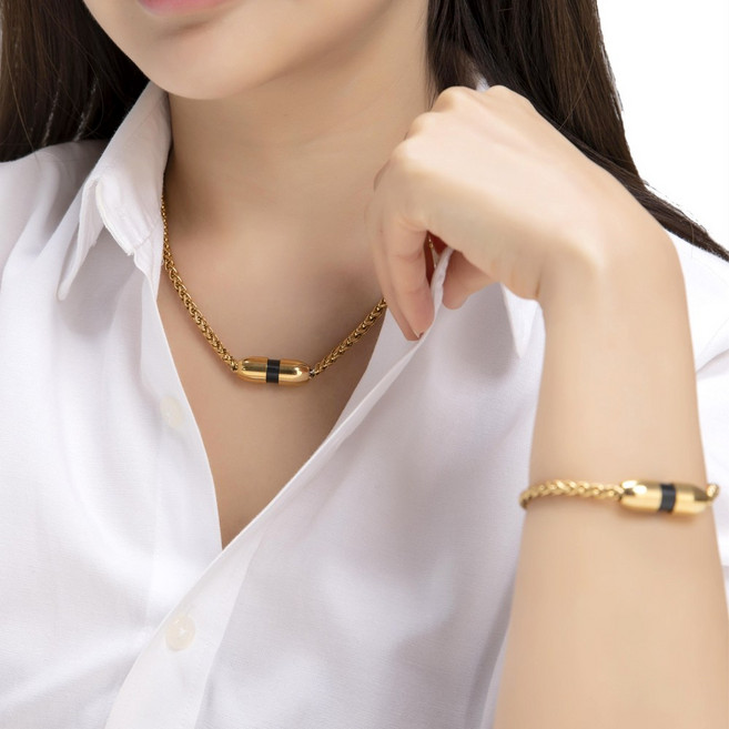 아나파 미세전류 건강 목걸이 팔찌 세트 (가죽 불소고무 체인 모음), 금 체인 세트, 남자(50~51cm), 21cm, 1개