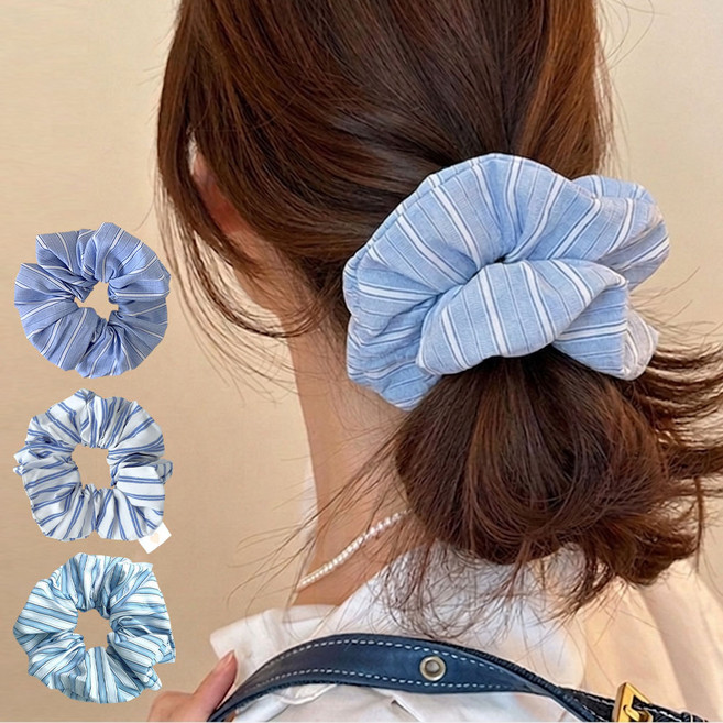 (3p)코튼 스트라이프 곱창머리끈세트 헤어슈슈 바스락헤어밴드