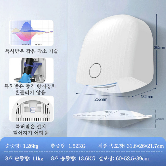 핸드드라이어 안에 빠르게 건조 저소음 손건조기 가정용 상업용 핸드 드라이어 손건조기 초고속 핸드드라이어 핸드 드라이어 드라이기 핸드드라이 업소용 가정용, 흰색, 흰색