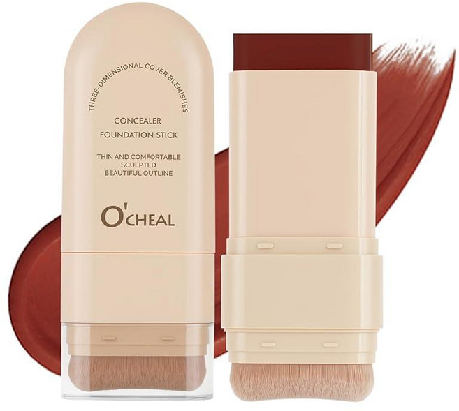 O'CHEAL 컨실러 파운데이션 스틱 2 in 1 롱래스팅 스틱 컨실러 브러시 포함 다크 서클 및 잡티를 위한 풀 커버리지 페이스 컨투어 08#옐로우 컴플렉션, 07#레드 브라운