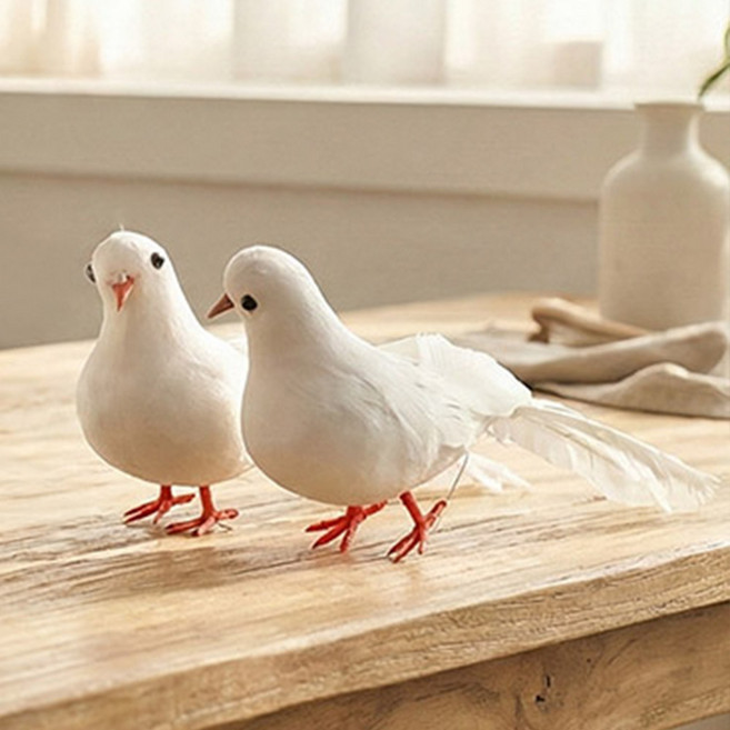 한소픈 비둘기 한쌍 모형 2P set 인테리어용품 데코소품 미니어처 농장장식 웨딩장식 새모형, 화이트