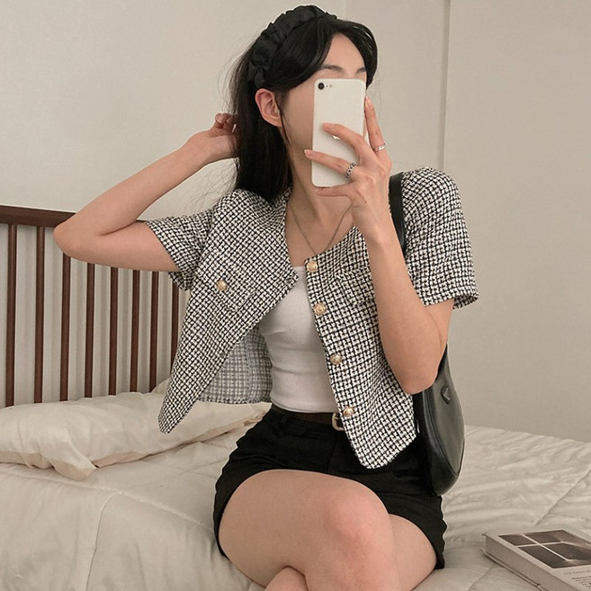 IBOY UGIRL XU0412C 여성 여름 슬림핏 숏트 반팔 아우터 트위드 자켓