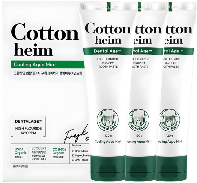코튼하임 덴탈에이지 고불소 구취케어 치약 쿨링아쿠아민트향, 120g, 3개