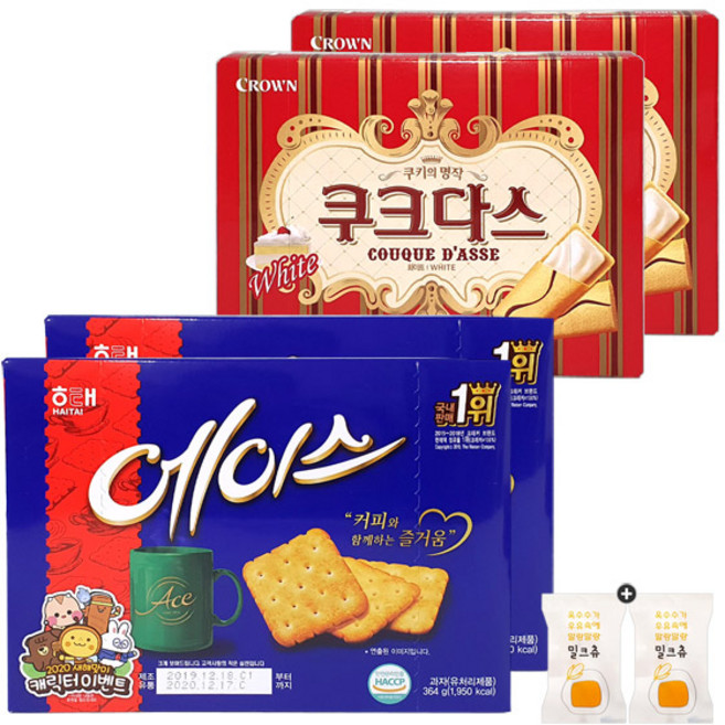 해태 에이스(364g) 2통+크라운 쿠크다스 화이트(128g) 2통+밀크츄 2개 세트 번들 10호, 1세트, 980g