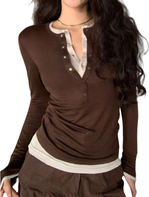 Makone 여성 봄 가을 겨울 버튼 브이넥 슬림핏 긴팔티셔츠