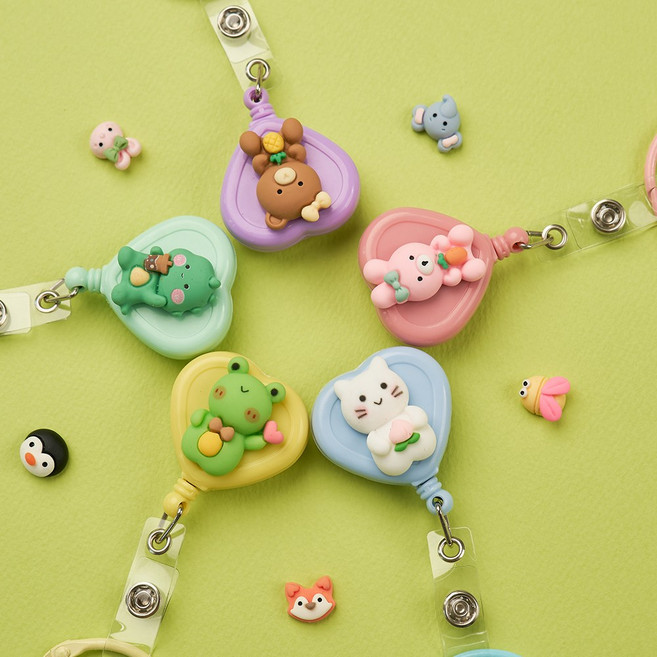 간호사 테이프걸이 릴홀더 사원증 캐릭터 파츠 너스피아 숲속 동물친구들2, 12 하트 개구리, 1개, 파스텔 원형 집게 - 퍼플