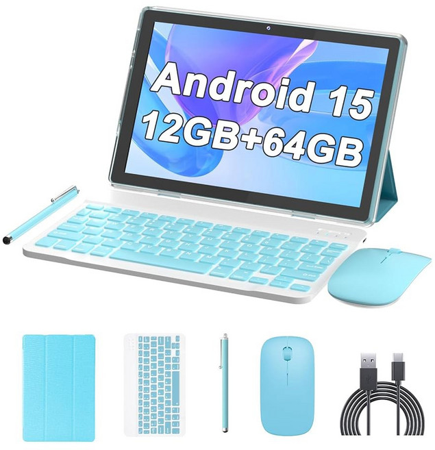 10인치 태블릿 안드로이드 15 NOT GO 태블릿 2개 키보드 12GB RAM 64GB ROM 1TB 지원 태블릿 2MP 8MP 카메라 6000mAh 배터리 마우스/케이스/스타, 블루