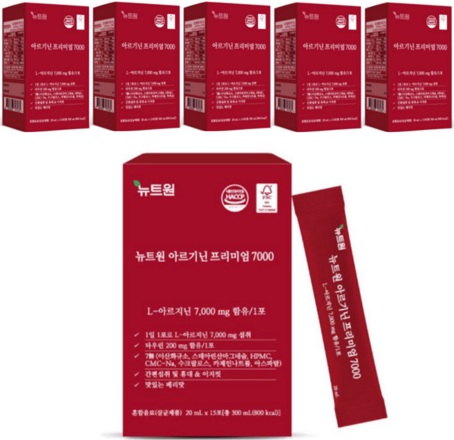 뉴트원 아르기닌 프리미엄 7000 L아르기닌 7000mg 아르지닌 타우린 아연 비타민B C 15포, 300ml, 6개