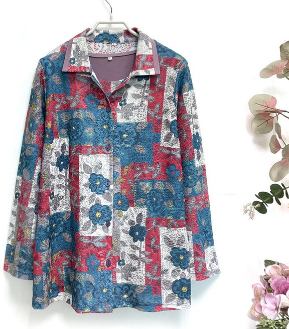 국민할매 국내생산 할머니옷 엄마옷 봄 여름 우아한 사각꽃 카라 투피스 세트 [LD-26] 요양원옷