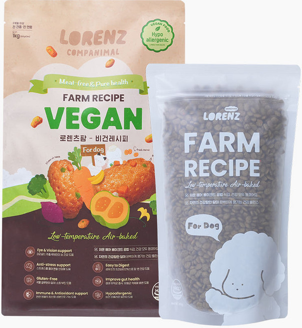 로렌츠 강아지 슬개골탈구 눈물자국 사료 팜 치킨레시피 비건레시피, 1개, 1kg, 채소