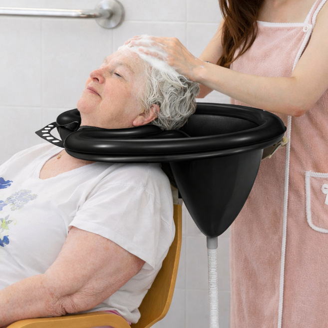 홈앤힐링 가정용 샴푸대 목받침 환자 머리감기기 도구 + 파우치세트, 1세트, 차콜 블랙