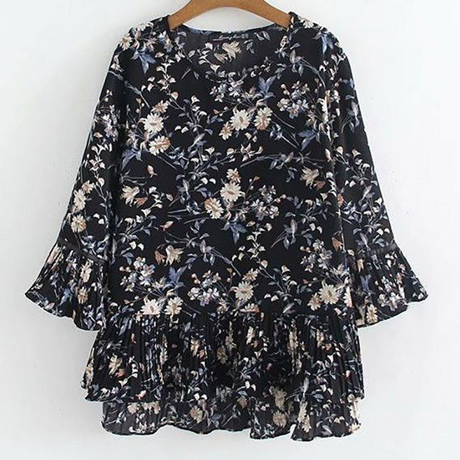 ROYALBELLE 여성 빅사이즈 7부소매 잔꽃 프릴 루즈핏 체형커버 쉬폰 블라우스 K070770