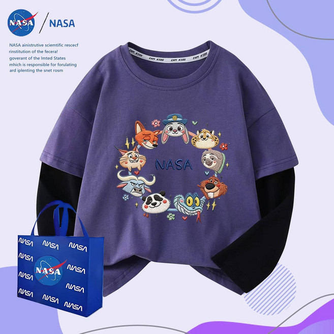 주토피아 캐릭터 맨투맨 티셔츠 자수 긴팔 남아 봄 초등학생 아동 순면 키즈 라운드, 1개, TTZ0841 퍼플