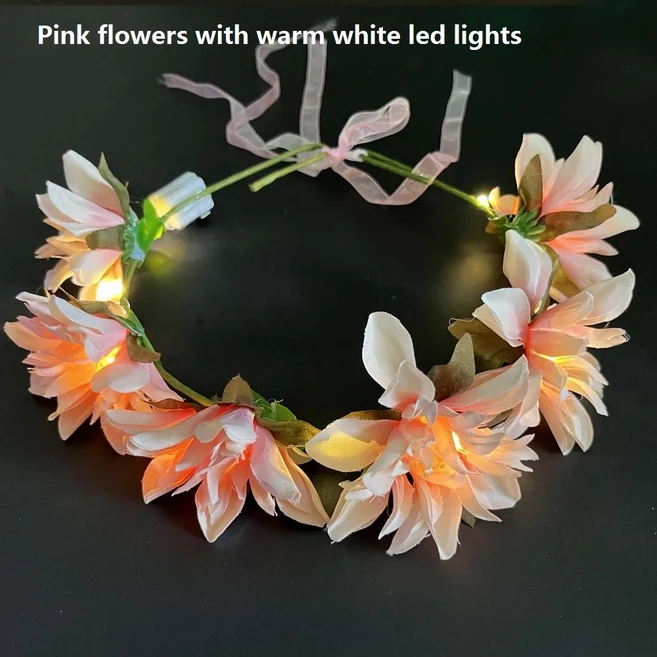 여성 소녀 LED 깜박이는 빛 머리띠 파티 해변 꽃 화환 왕관 생일 선물 크리스마스 navidad, 08 pink