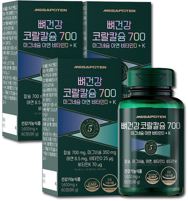 메가포텐 뼈건강 코랄칼슘 700 마그네슘 아연 비타민D + K / 고함량 칼마디, 60정, 3개