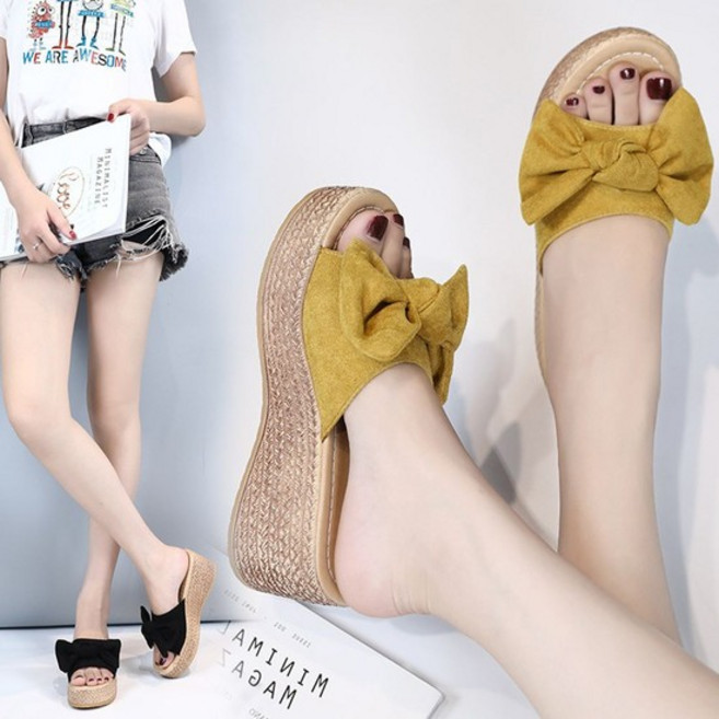 여성 스웨이드 리본 7cm 통굽 샌들 사무용 통굽 가벼운신발