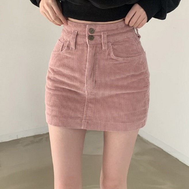 히또리 P0799 하이웨스트 코듀로이 골덴 투버튼 미니 스커트