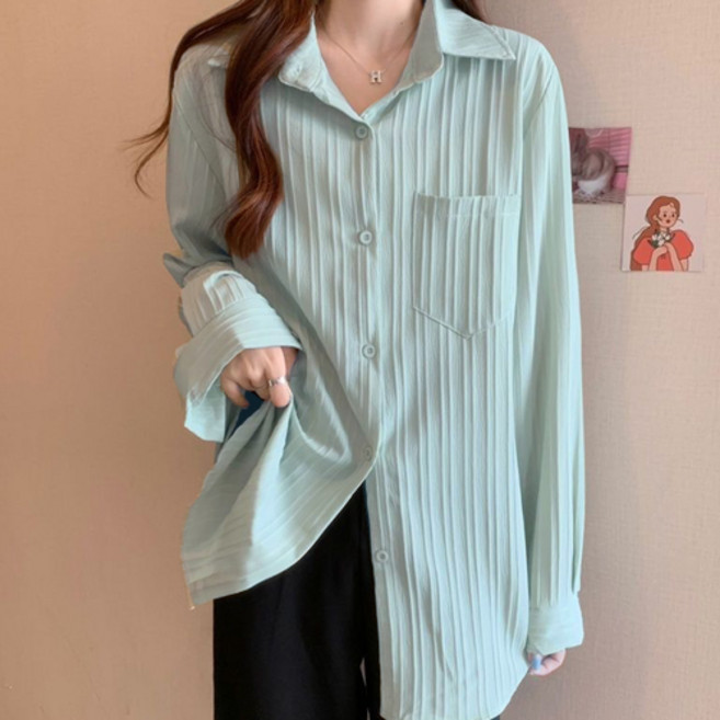 루비루 RB3004 스트라이프 루즈핏 여성 카라 셔츠