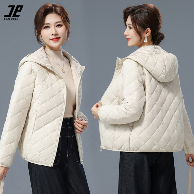 TIMEPURE 여성용 경량 숏패딩 봄 가을 겨울 시즌 착용 가능한 보온성 좋은 후드 아우터 루즈핏 캐주얼 데일리룩 편안한 여자 패딩 자켓