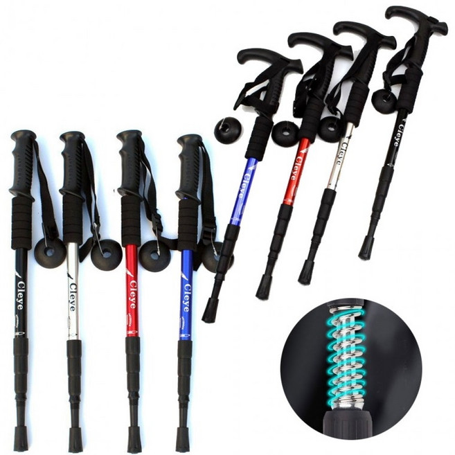 CLEYE 듀랄루민 등산스틱 일자형 T자형 스틱 휴대성 4단 접이식 스틱 1+1, 2개, 레드